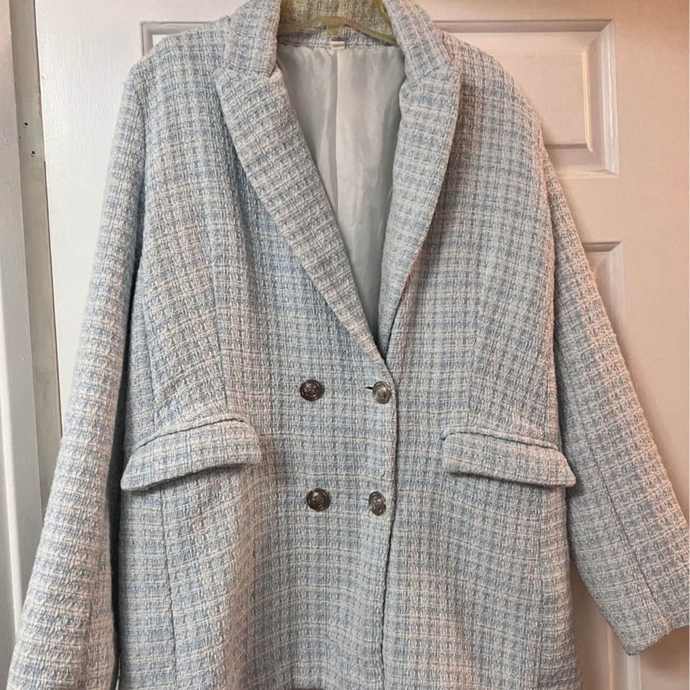 SHEIN Light Gray-Blue Double-Breasted Tweed Blazer